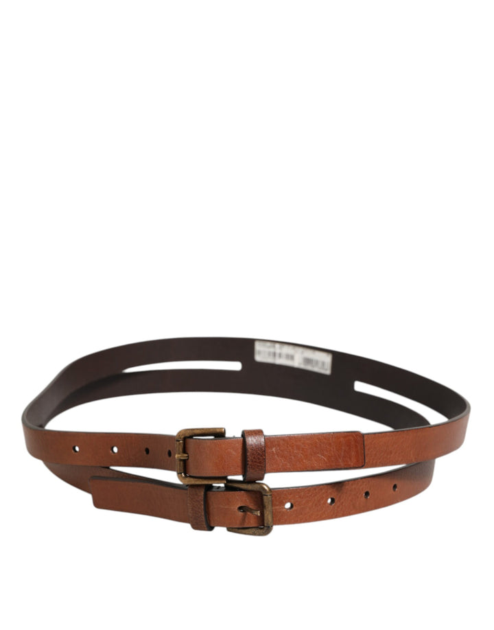 Dolce &amp; Gabbana Brown Double Strap Leather Gold Buckle Belt
