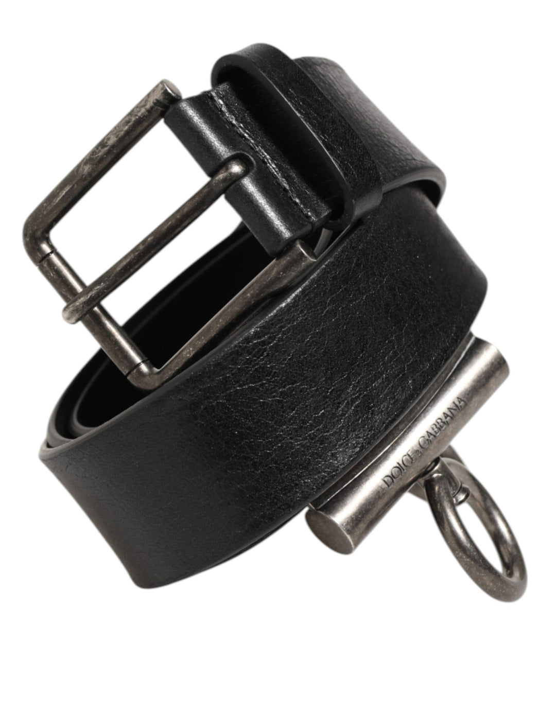 Dolce &amp; Gabbana Black Leather Side Rings Brass Buckle Belt