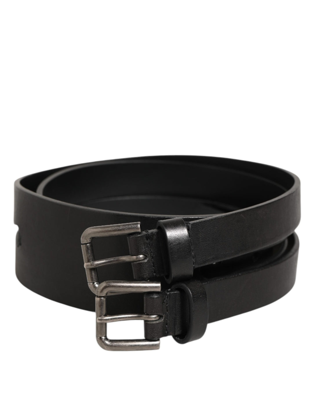 Dolce &amp; Gabbana Black Double Strap Leather Silver Buckle Belt