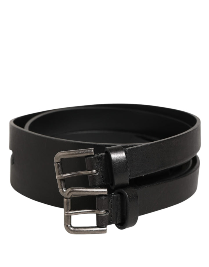Dolce &amp; Gabbana Black Double Strap Leather Silver Buckle Belt