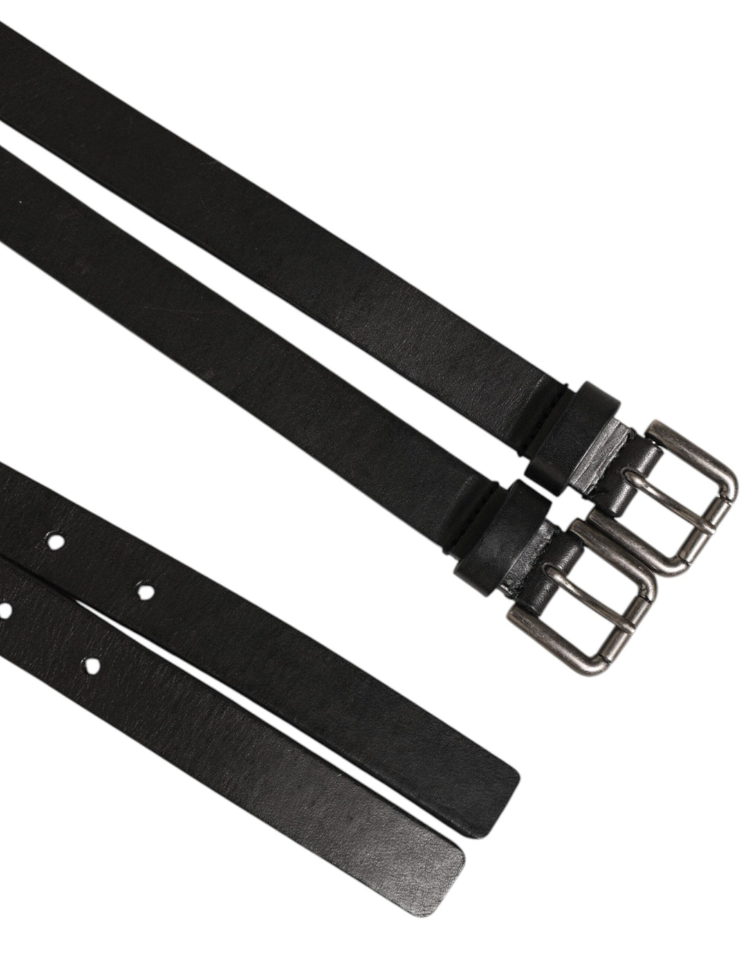 Dolce &amp; Gabbana Black Double Strap Leather Silver Buckle Belt