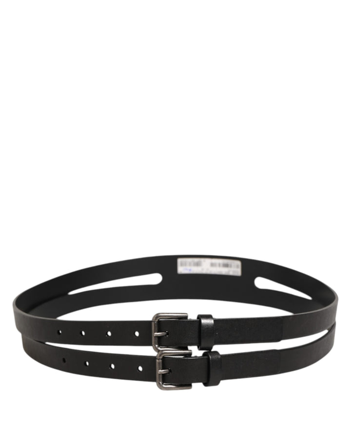 Dolce &amp; Gabbana Black Double Strap Leather Silver Buckle Belt