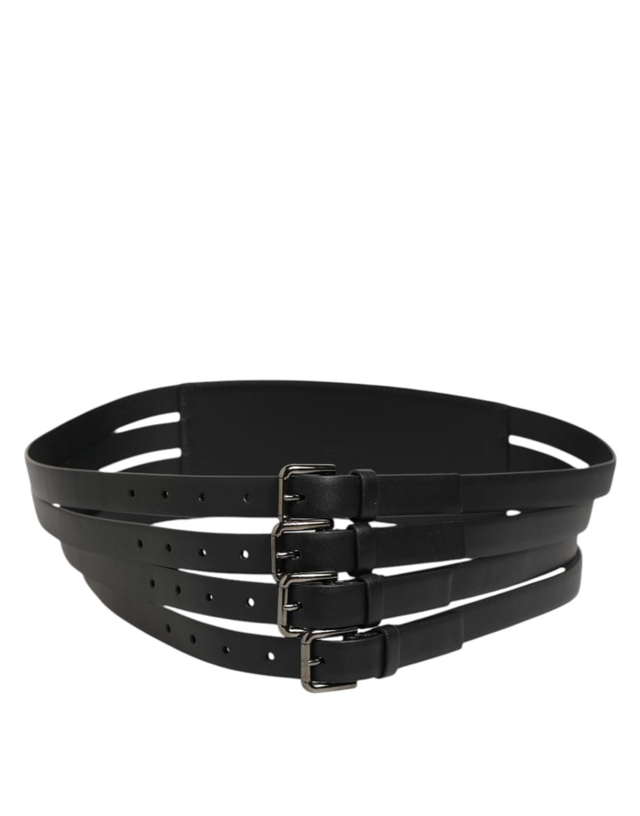 Dolce &amp; Gabbana Black Leather 4-Strap Metal Multi-Buckle Belt