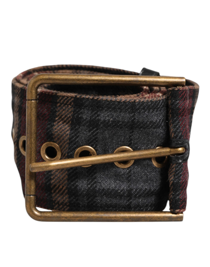 Dolce &amp; Gabbana Plaid Fabric Logo Plate Brass Buckle Belt