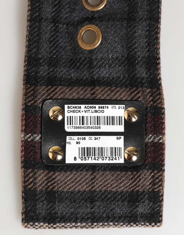 Dolce &amp; Gabbana Plaid Fabric Logo Plate Brass Buckle Belt