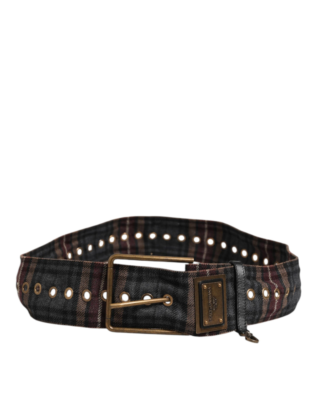 Dolce &amp; Gabbana Plaid Fabric Logo Plate Brass Buckle Belt