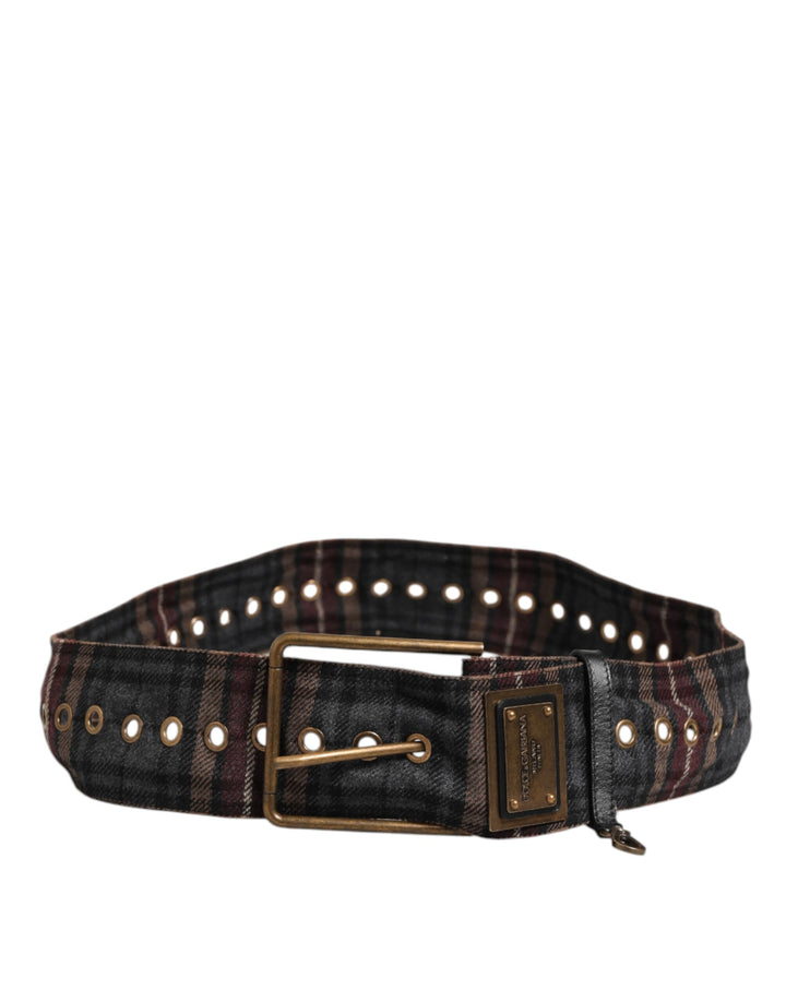 Dolce &amp; Gabbana Plaid Fabric Logo Plate Brass Buckle Belt