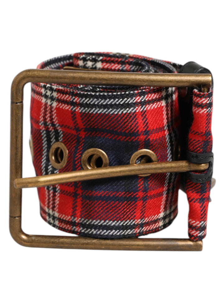 Dolce &amp; Gabbana Red Plaid Fabric Logo Plate Brass Buckle Belt