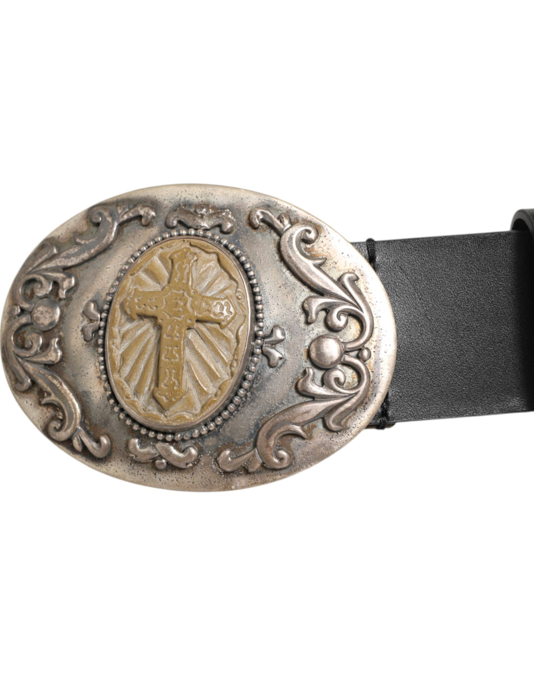 Dolce &amp; Gabbana Black Leather Ornate Metal Buckle Men Belt