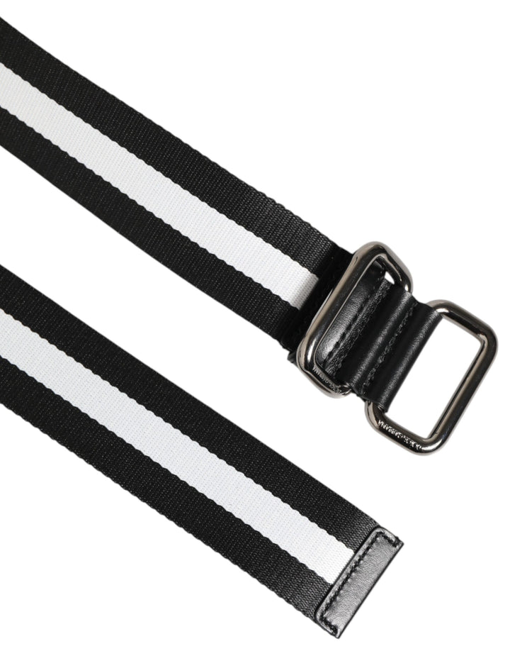 Dolce &amp; Gabbana Black White Striped Logo Metal Buckle Belt