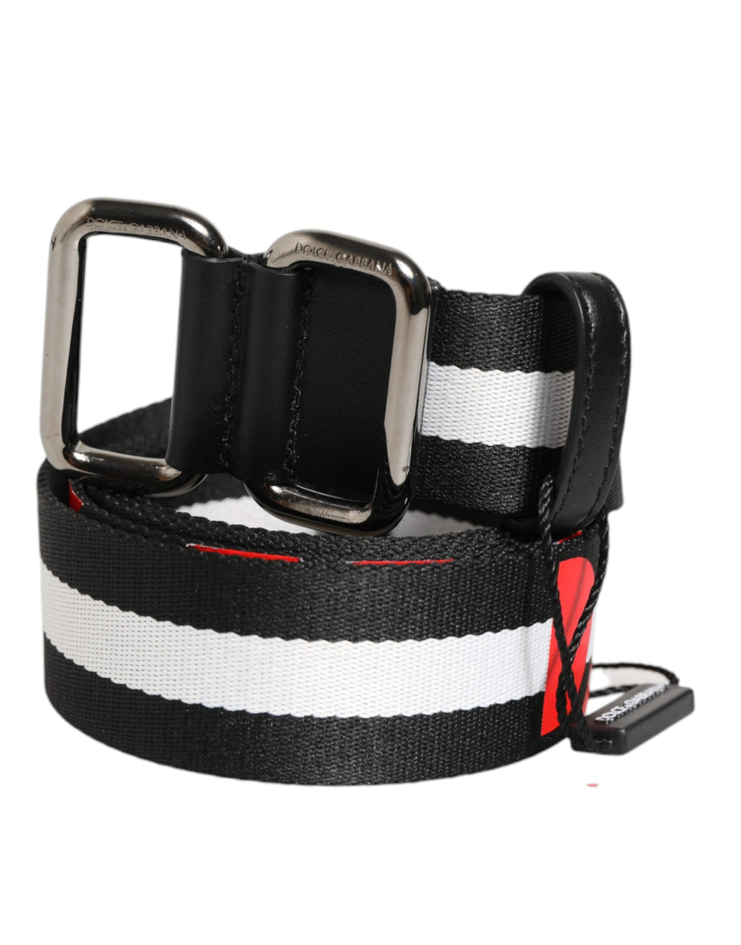 Dolce &amp; Gabbana Black White Striped Logo Metal Buckle Belt