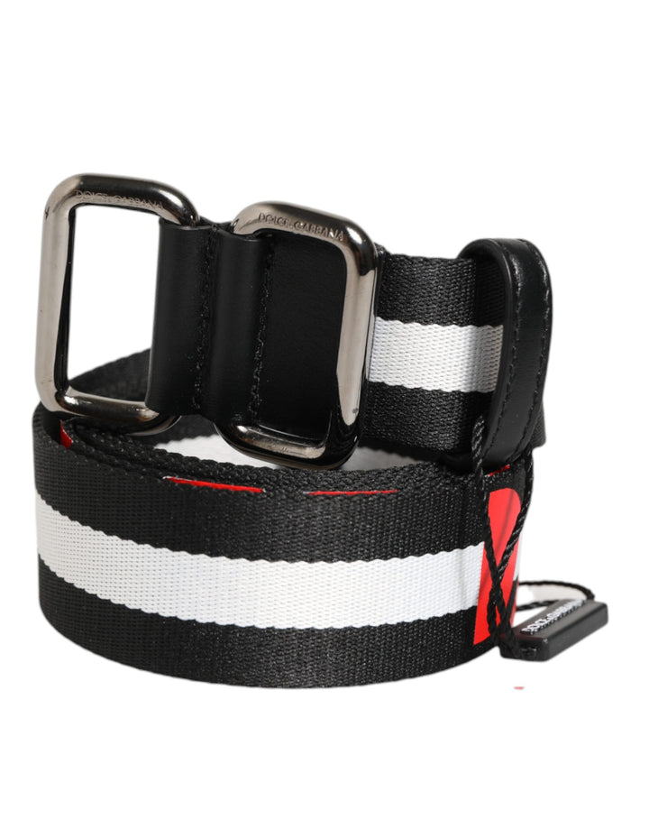 Dolce &amp; Gabbana Black White Striped Logo Metal Buckle Belt