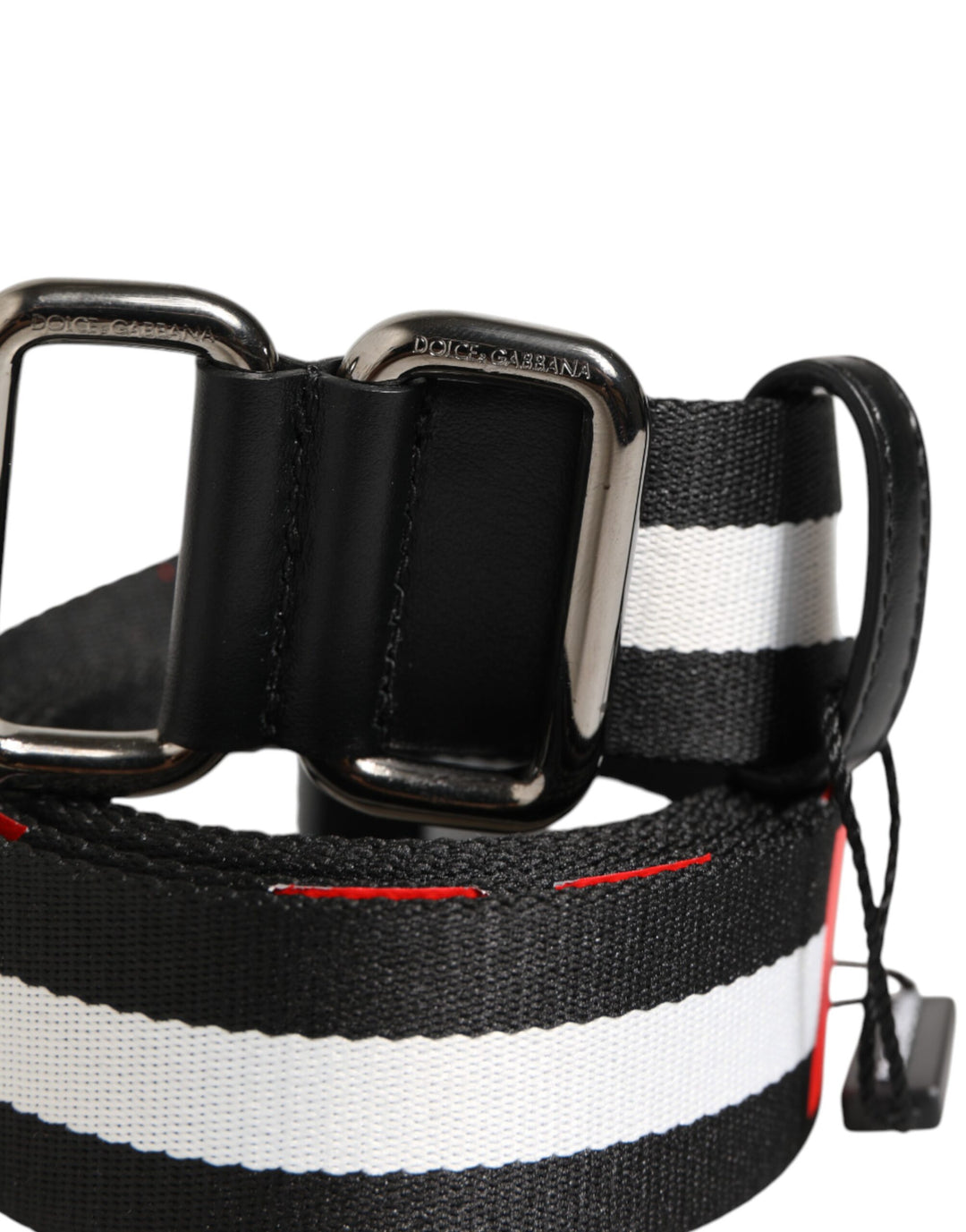 Dolce &amp; Gabbana Black White Striped Logo Metal Buckle Belt