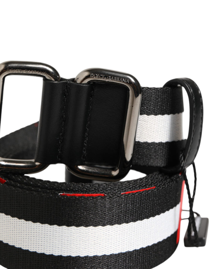 Dolce &amp; Gabbana Black White Striped Logo Metal Buckle Belt