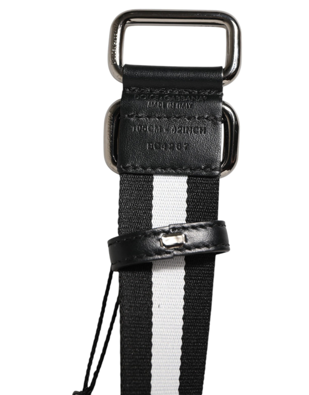 Dolce &amp; Gabbana Black White Striped Logo Metal Buckle Belt