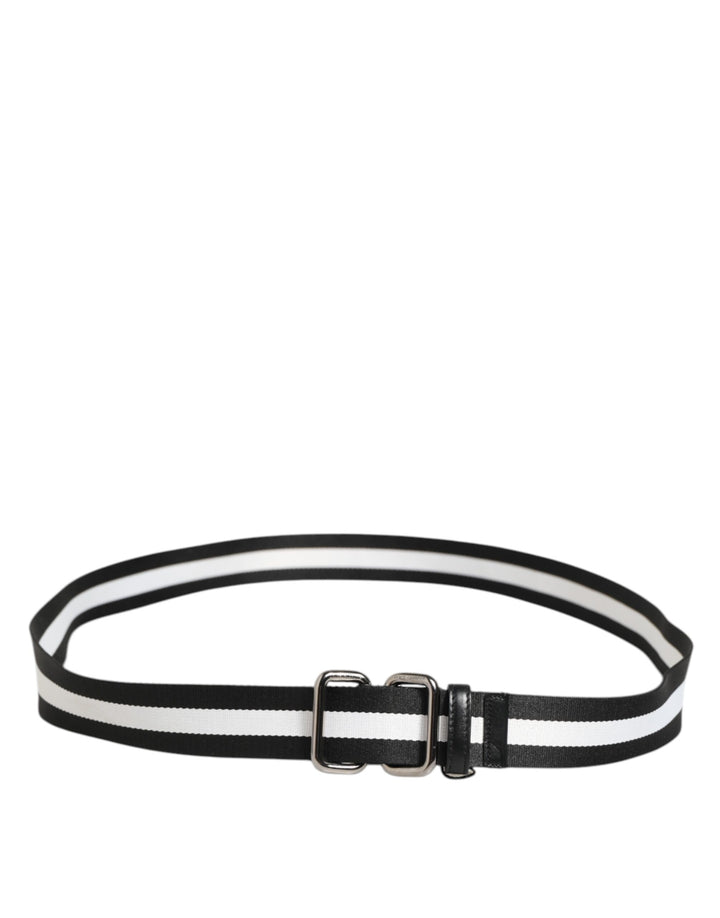Dolce &amp; Gabbana Black White Striped Logo Metal Buckle Belt