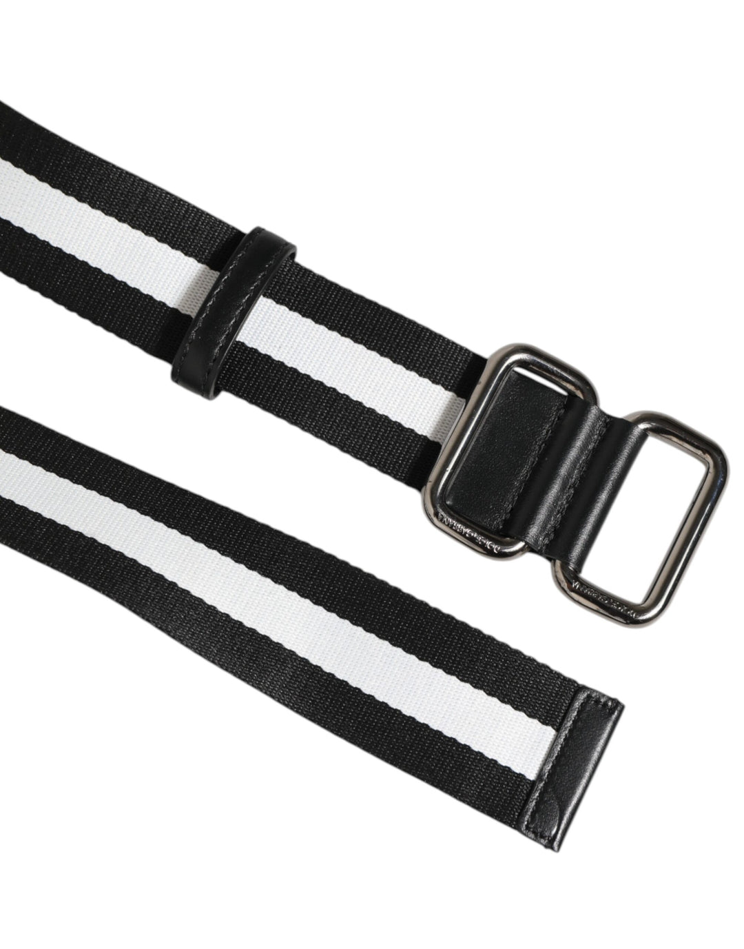 Dolce &amp; Gabbana Black White Striped Logo Metal Buckle Belt