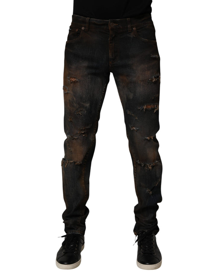 Dolce &amp; Gabbana Black Cotton Skinny Tattered Men Denim Jeans