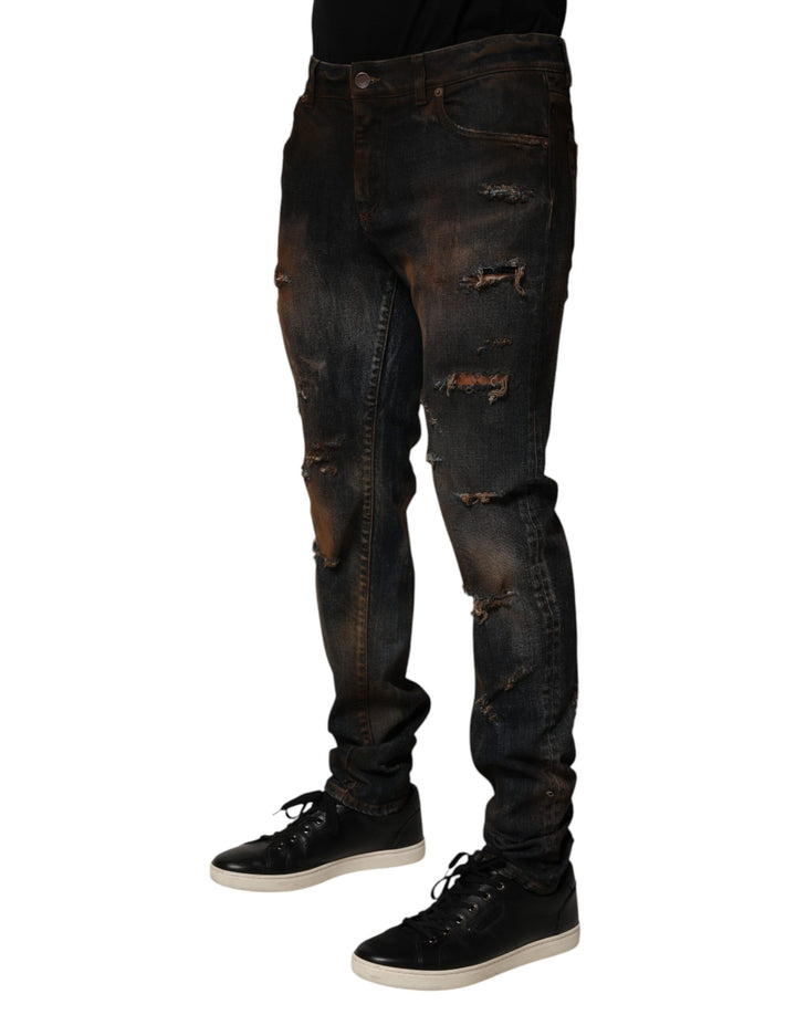 Dolce &amp; Gabbana Black Cotton Skinny Tattered Men Denim Jeans
