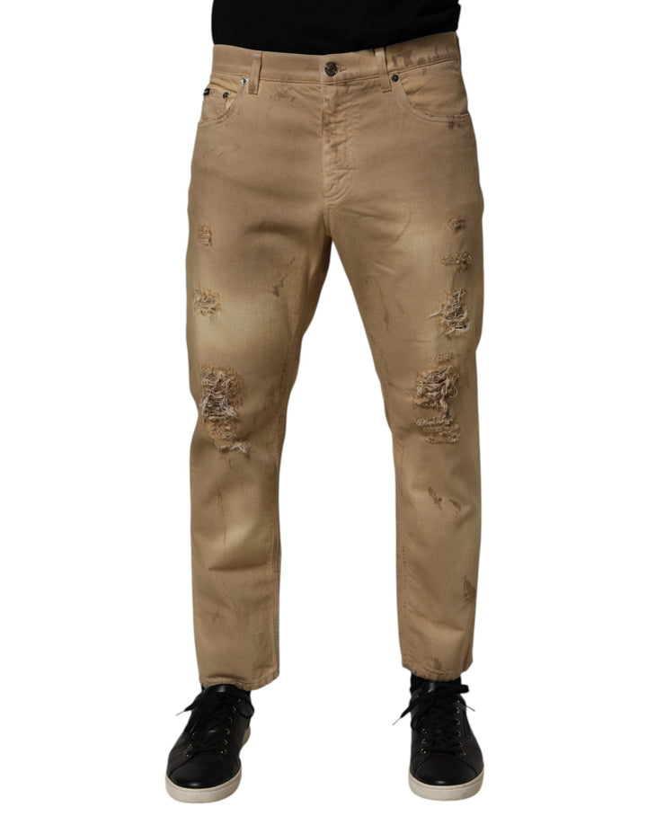 Dolce &amp; Gabbana Beige Cotton Loose Tattered Men Denim Jeans