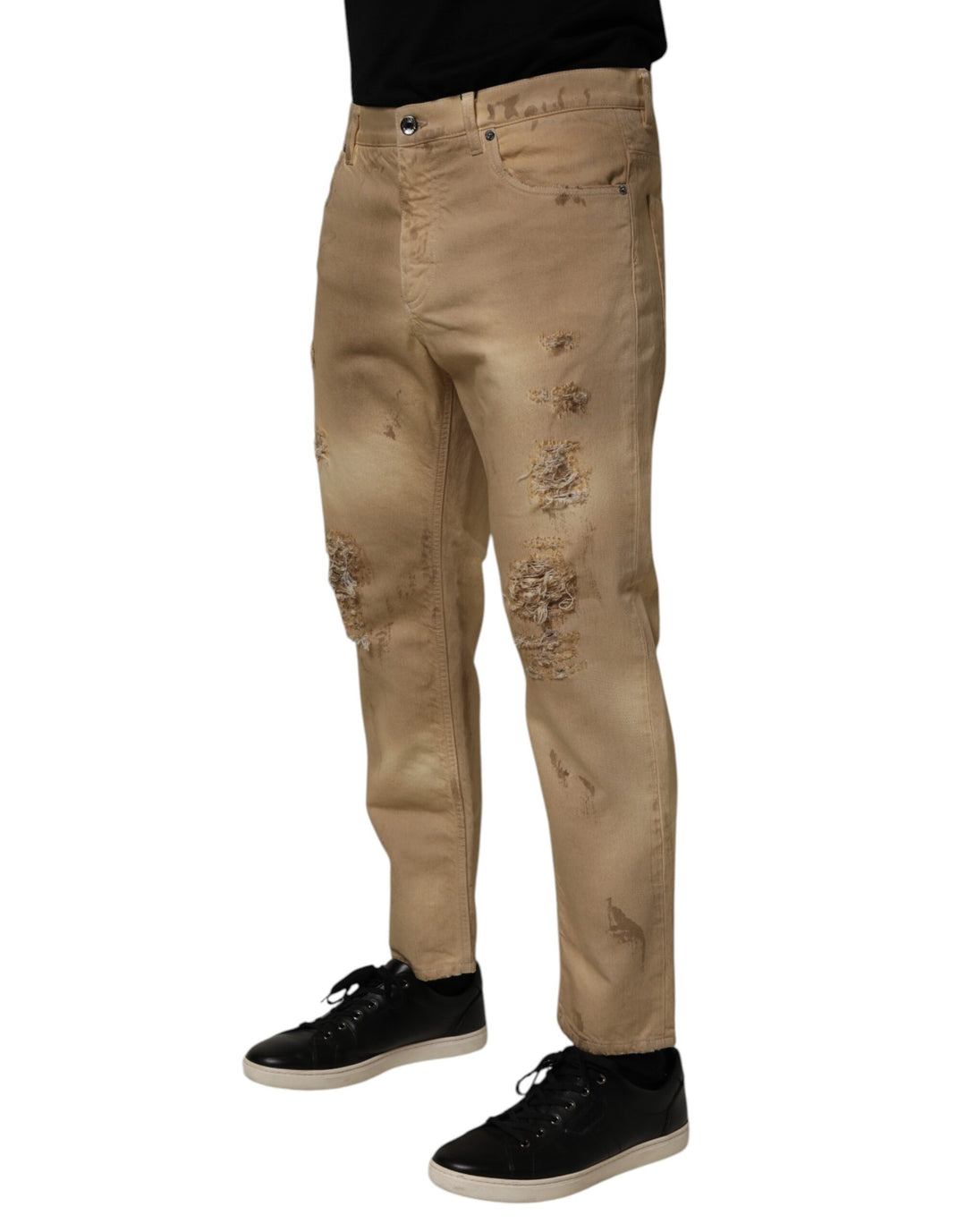 Dolce &amp; Gabbana Beige Cotton Loose Tattered Men Denim Jeans