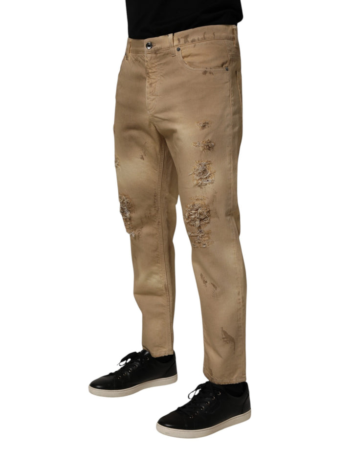 Dolce &amp; Gabbana Beige Cotton Loose Tattered Men Denim Jeans