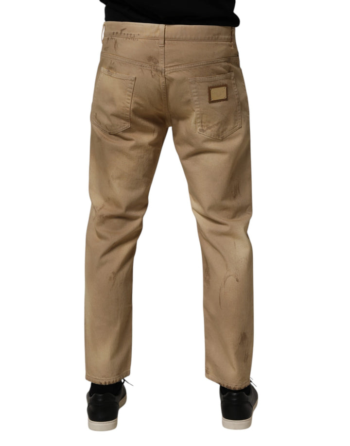 Dolce &amp; Gabbana Beige Cotton Loose Tattered Men Denim Jeans