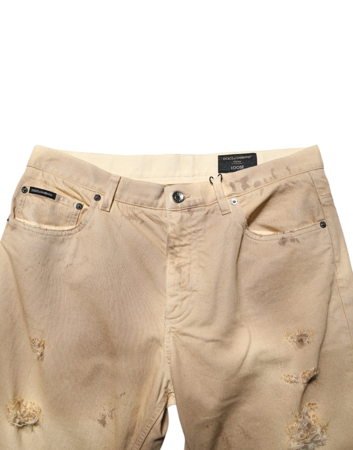 Dolce &amp; Gabbana Beige Cotton Loose Tattered Men Denim Jeans