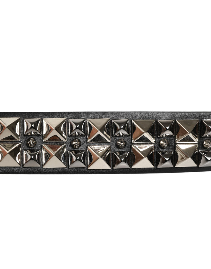 Dolce &amp; Gabbana Black Calf Leather Studded Silver Buckle Belt