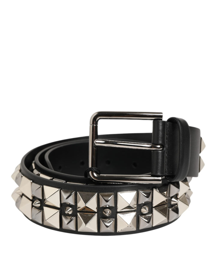 Dolce &amp; Gabbana Black Calf Leather Studded Silver Buckle Belt