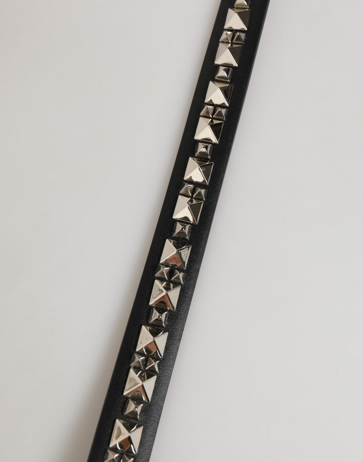 Dolce &amp; Gabbana Black Leather Studded Silver-Tone Buckle Belt