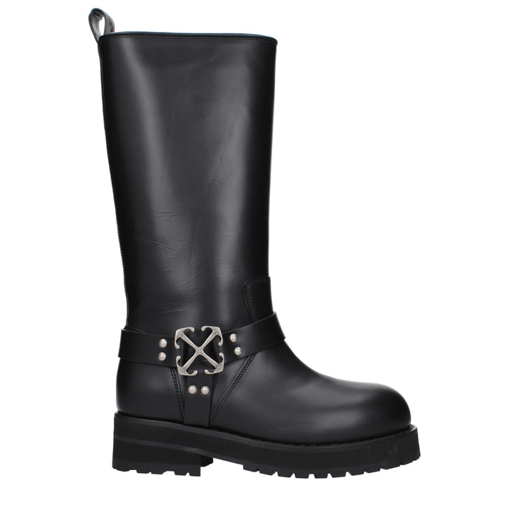 Off-White Black Leather Flat Boots