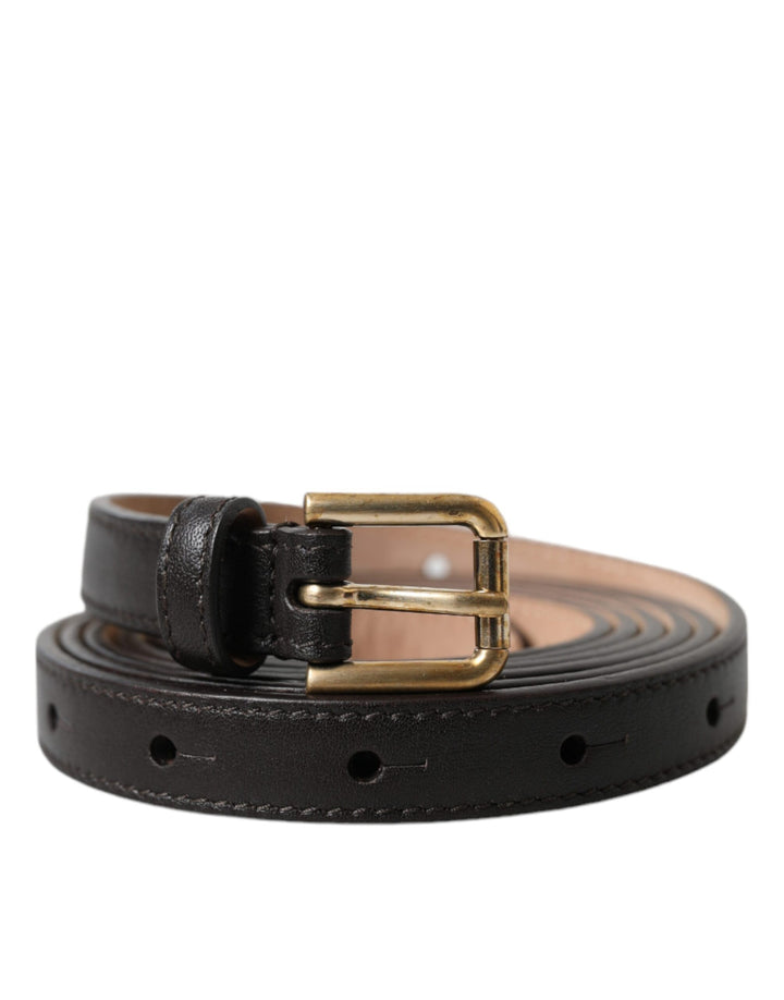 Dolce &amp; Gabbana Black Leather Long Skinny Gold Metal Buckle Belt