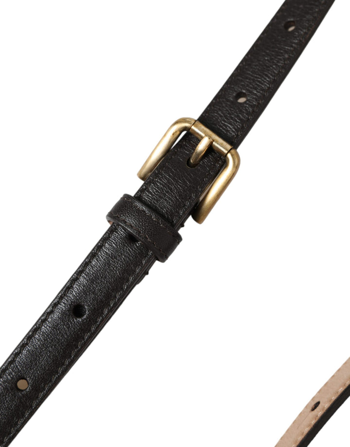 Dolce &amp; Gabbana Black Leather Long Skinny Gold Metal Buckle Belt