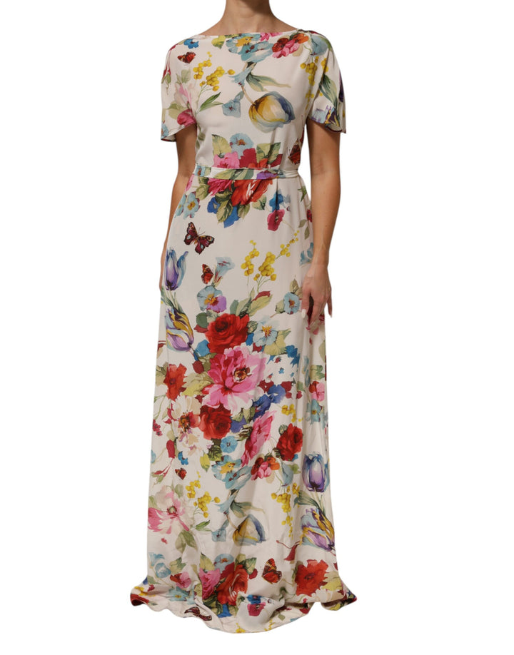 Dolce &amp; Gabbana White Floral Print Silk Sheath LongGown Dress