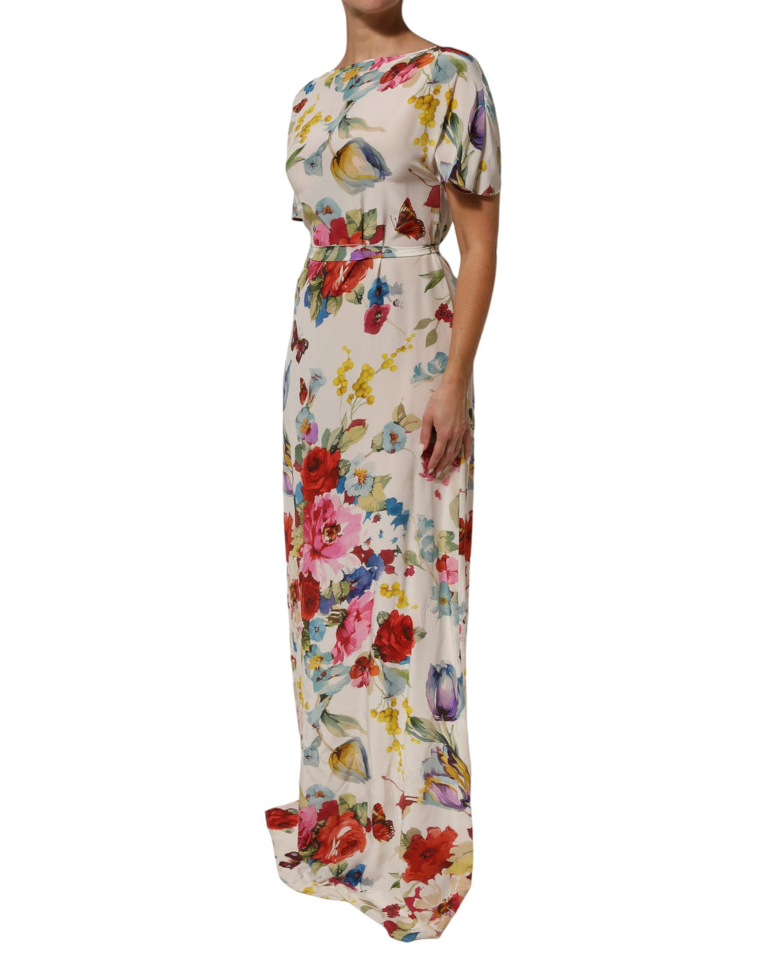 Dolce &amp; Gabbana White Floral Print Silk Sheath LongGown Dress