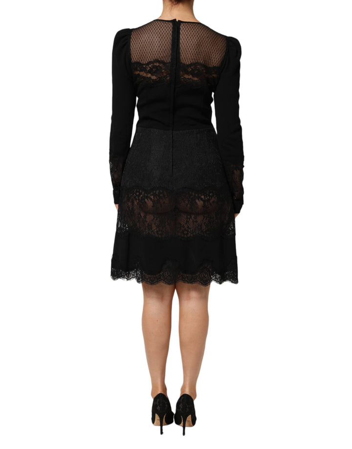 Dolce &amp; Gabbana Black Floral Lace Trim Sheath A-line Dress