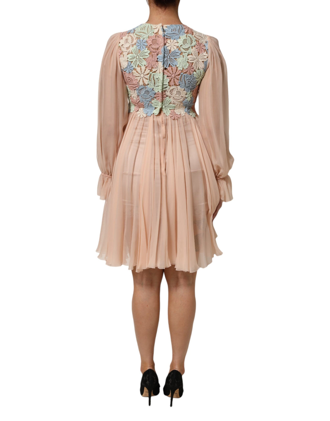 Dolce &amp; Gabbana Pink Floral Embroidery Pleated A-line Dress