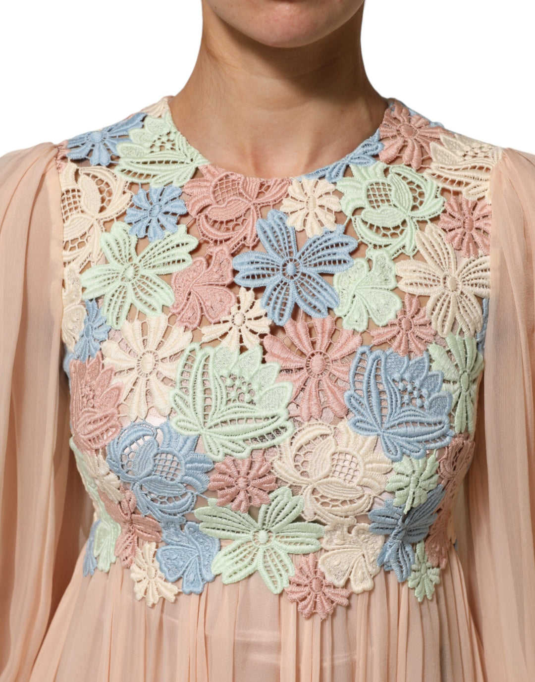 Dolce &amp; Gabbana Pink Floral Embroidery Pleated A-line Dress