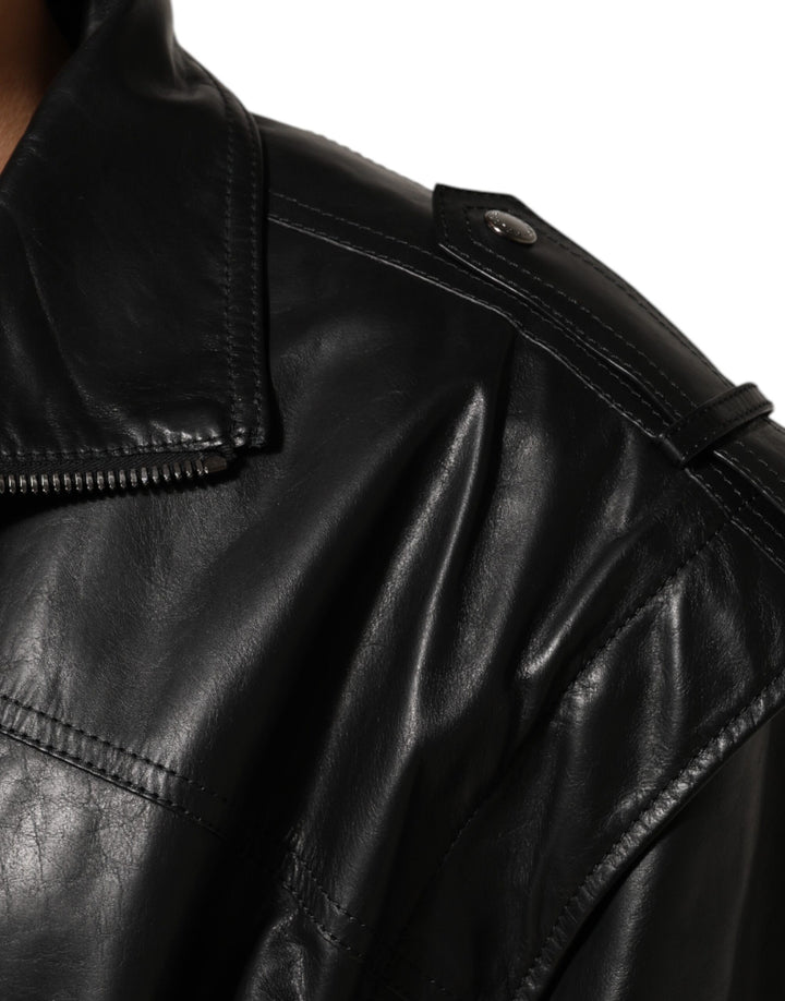Dolce &amp; Gabbana Black Leather Full Zip Biker Blouson Jacket
