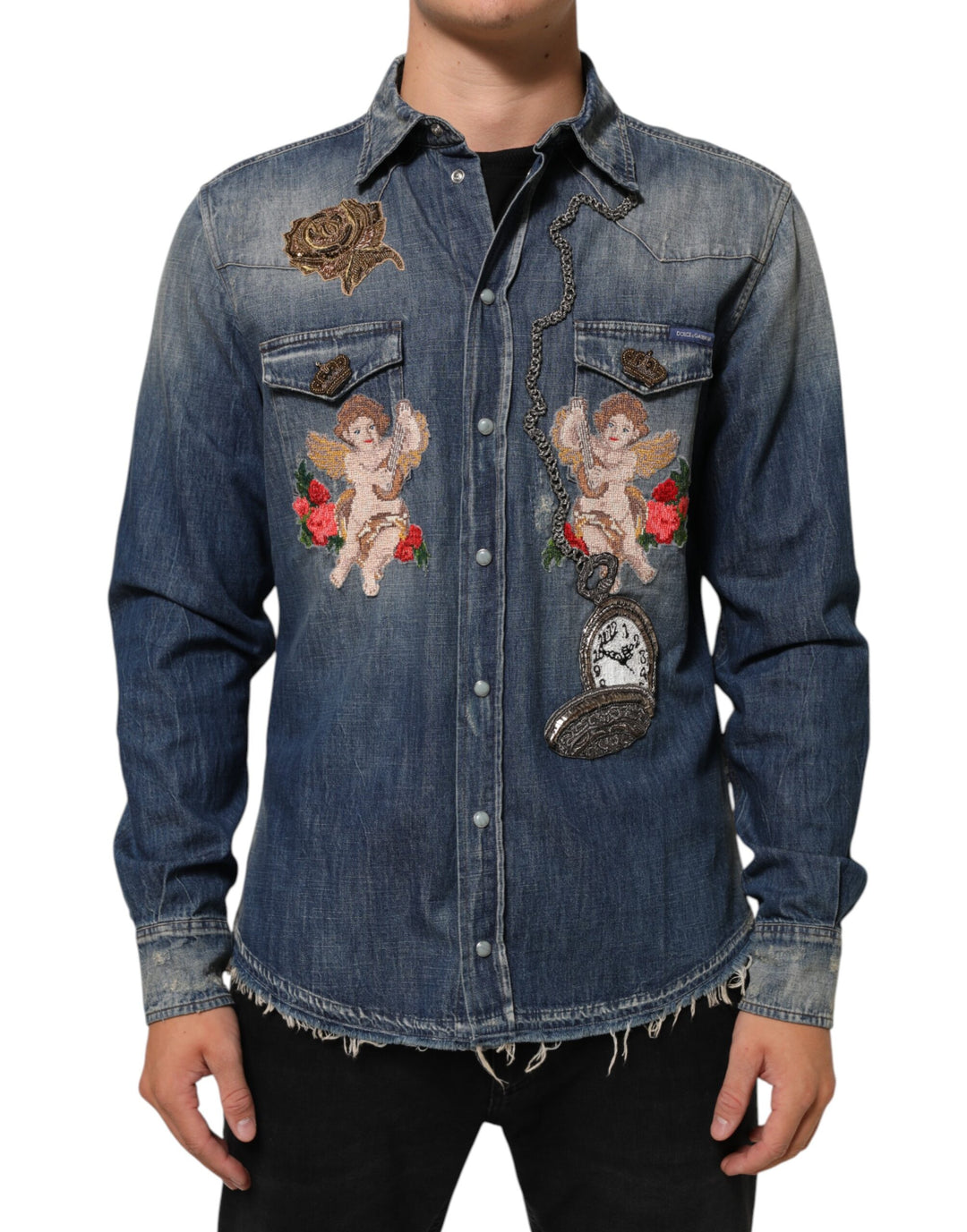 Dolce &amp; Gabbana Blue Angel Patch Denim Buttoned Down Men Shirt