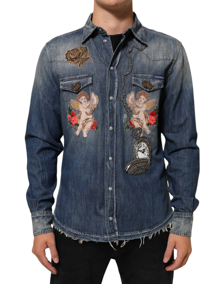 Dolce &amp; Gabbana Blue Angel Patch Denim Buttoned Down Men Shirt