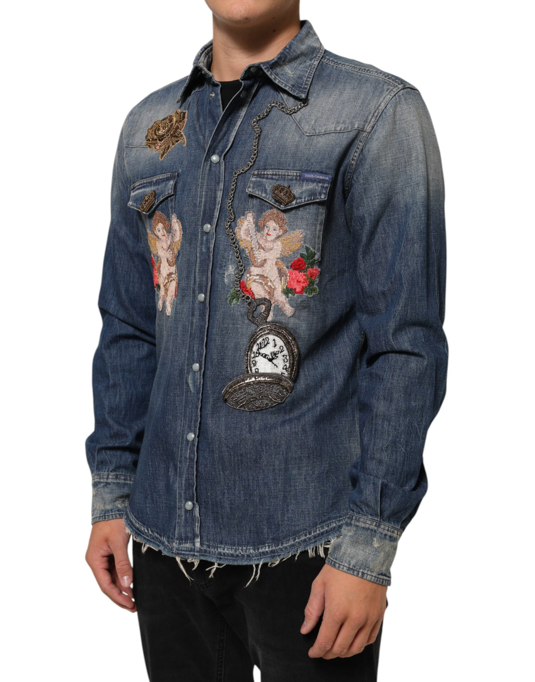 Dolce &amp; Gabbana Blue Angel Patch Denim Buttoned Down Men Shirt