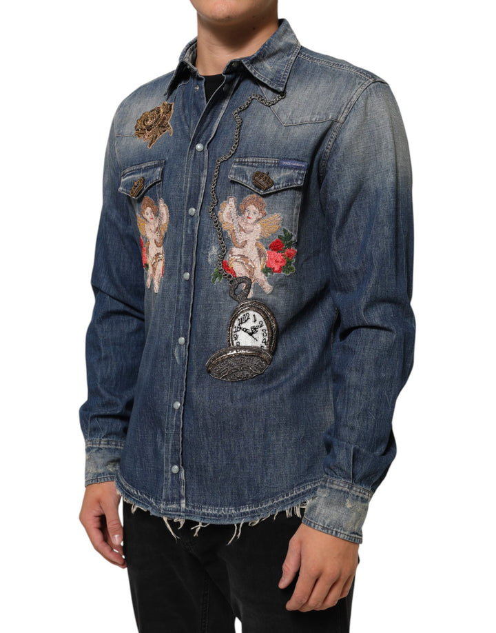 Dolce &amp; Gabbana Blue Angel Patch Denim Buttoned Down Men Shirt