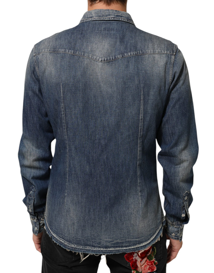 Dolce &amp; Gabbana Blue Angel Patch Denim Buttoned Down Men Shirt