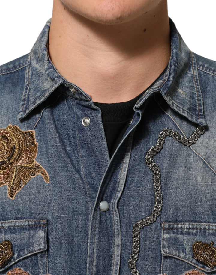 Dolce &amp; Gabbana Blue Angel Patch Denim Buttoned Down Men Shirt