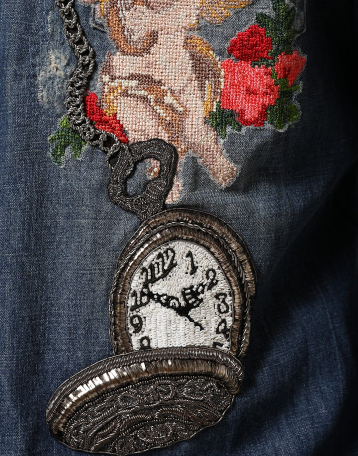 Dolce &amp; Gabbana Blue Angel Patch Denim Buttoned Down Men Shirt