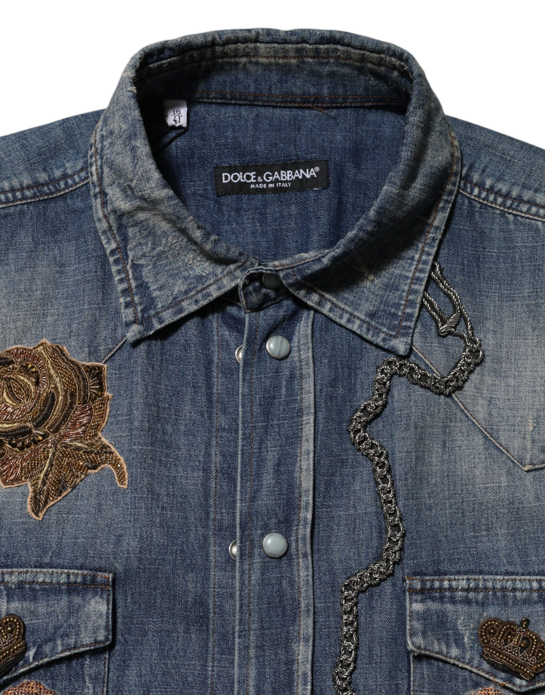 Dolce &amp; Gabbana Blue Angel Patch Denim Buttoned Down Men Shirt