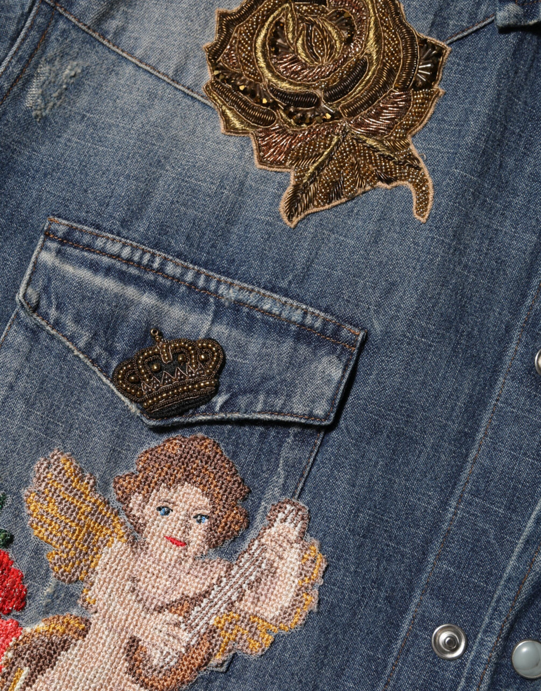 Dolce &amp; Gabbana Blue Angel Patch Denim Buttoned Down Men Shirt