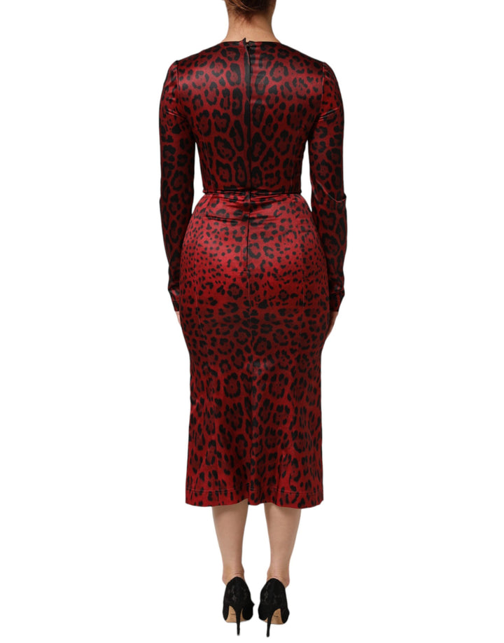 Dolce &amp; Gabbana Red Leopard Sheath Long Sleeves Dress